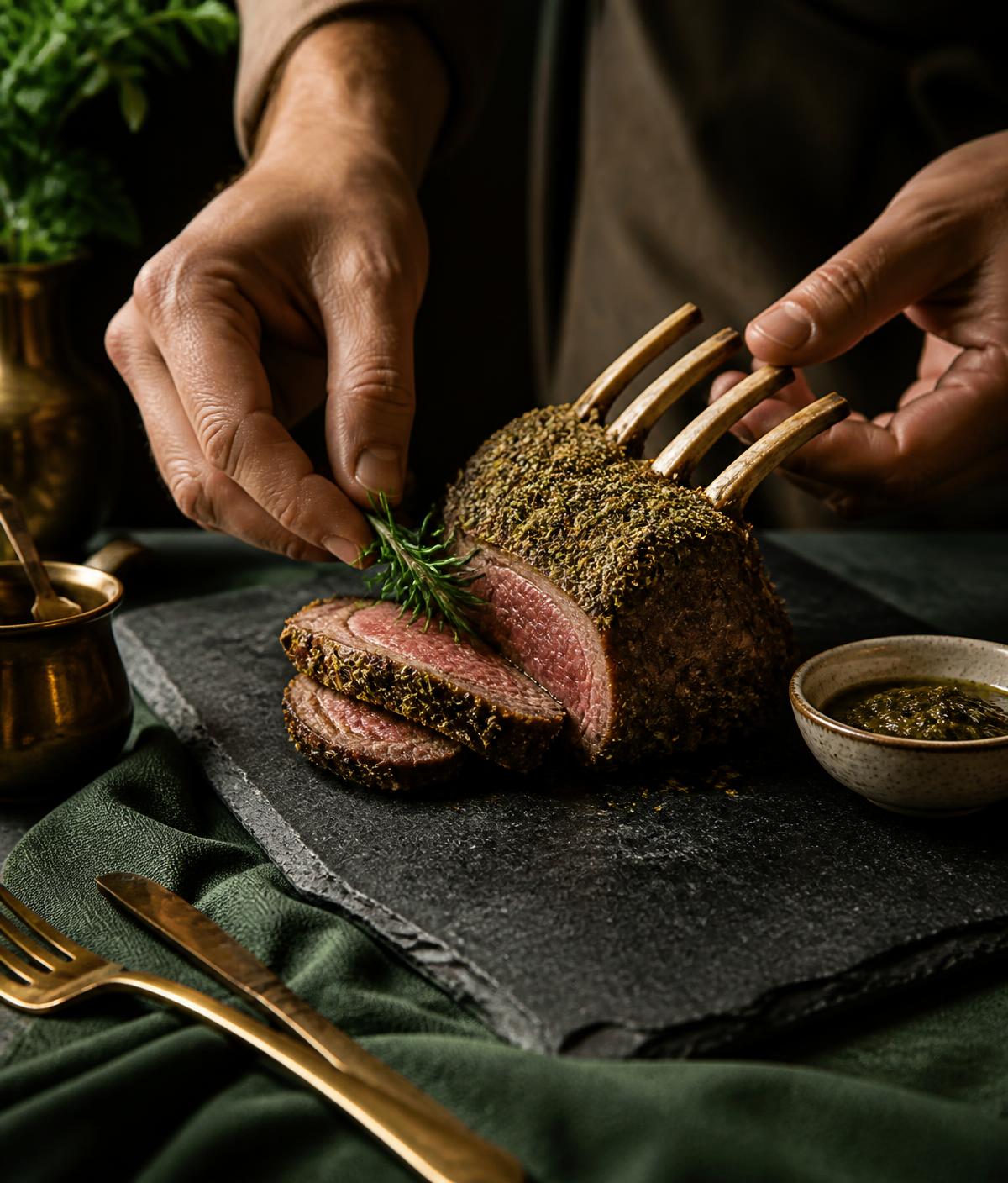 Herb-crusted roast being plated in a home kitchen
