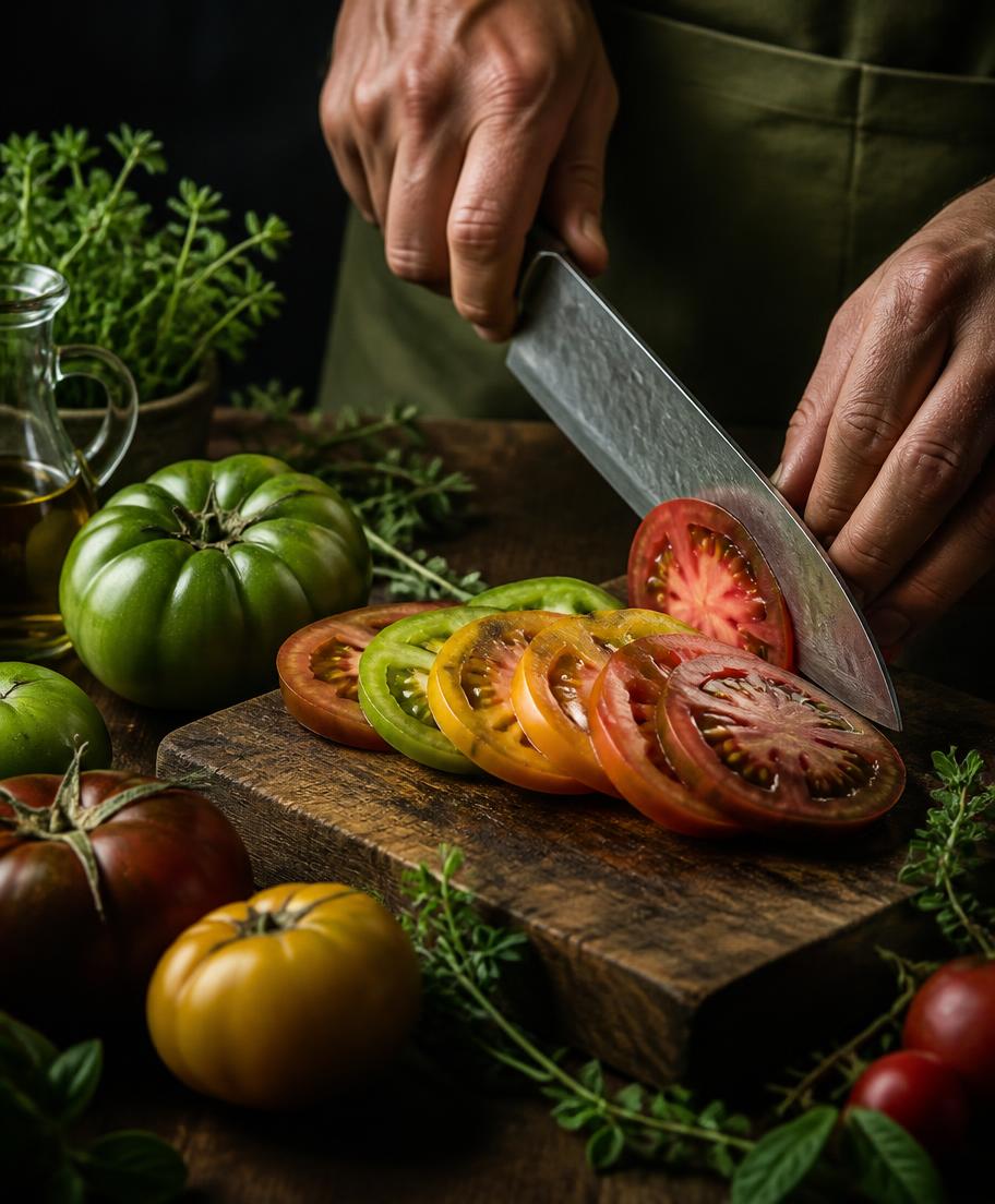 Knife technique drill with heirloom tomatoes